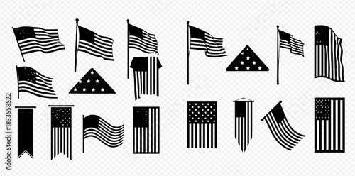 Collection of black and white American flag silhouettes in various waving, folded, and hanging positions, representing patriotism and national symbols.