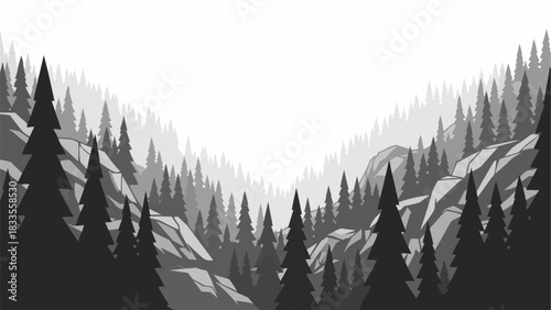 Monochromatic Forest Landscape with Towering Trees and Misty Mountains.
