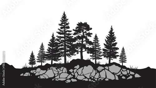 Pine trees and rocks on a hill, black and white silhouette.
