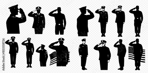 Collection of black vector silhouettes depicting military officers and soldiers in various saluting poses, some with American flags, on a transparent background.