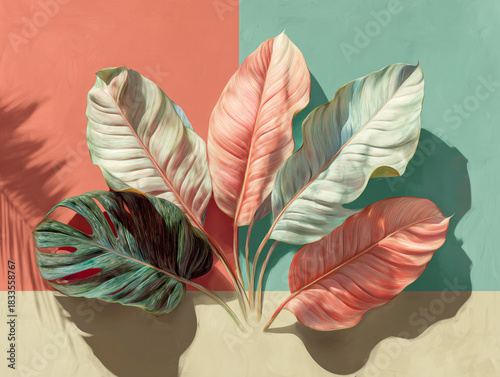 Creative flat lay pastel tropical leaves on geometric backgrounds realistic photo