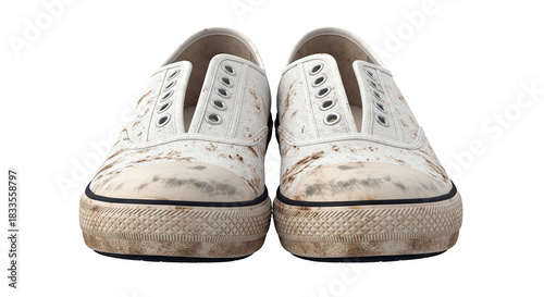 学校の素材、泥で汚れた子供の上履き、リアルな質感透過用の白背景素材