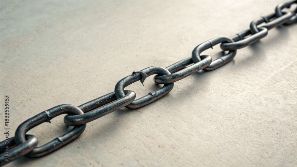 Obraz premium A close-up view of a heavy, metallic chain lying flat on a concrete surface, showcasing its links and rugged texture.