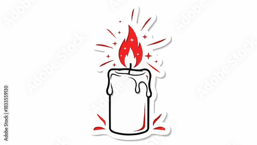 A simple drawing of a lit candle with a bright flame and radiating light.