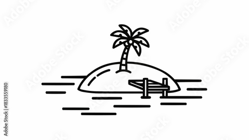 Simple line art drawing of a tropical desert island with a palm tree.