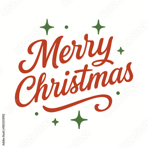 Elegant merry christmas text design with decorative stars in red and green colors for festive holiday season greetings and celebrations