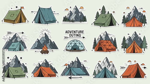 Set of vintage camping and hiking tent vector graphics.