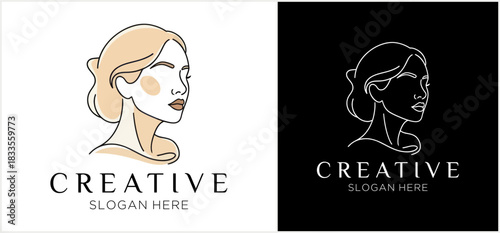 A minimalist line art logo of an elegant woman's face in profile, shown in two color variations for creative branding.