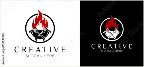 Modern barbecue grill logo design featuring red flames and crossed tongs within a circular emblem, displayed on contrasting backgrounds.