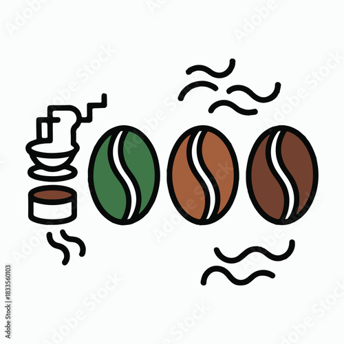 Coffee grinder and three coffee beans green brown dark brown vector.