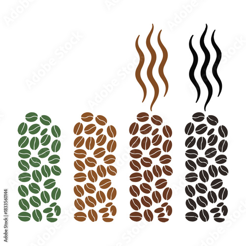 Four columns of coffee beans showing roasting stages with steam green brown.