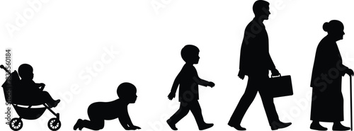 Black silhouette vector illustration depicting the five stages of the human life cycle, including baby, toddler, child, adult man, and elderly woman, isolated on white background