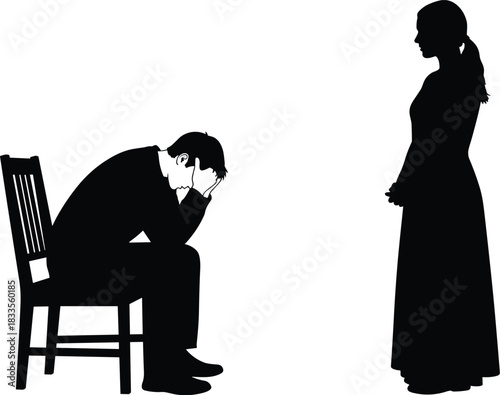 Black silhouette vector illustration of a distressed man sitting on a chair with his head in his hands, facing a woman standing, symbolizing conflict or emotional stress, isolated on white background