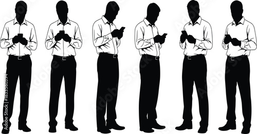 Black silhouette vector illustration set of six businessmen or office workers standing and using smartphones, wearing dress shirts and pants, isolated on white background
