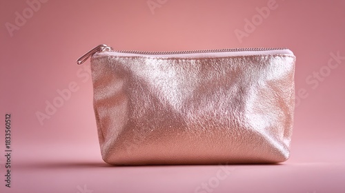 bronzer. Cosmetic bag closeup against soft pink backdrop with even illumination, lifestyle magazines, social media lookbooks, designed for influencer and brand collaborations.