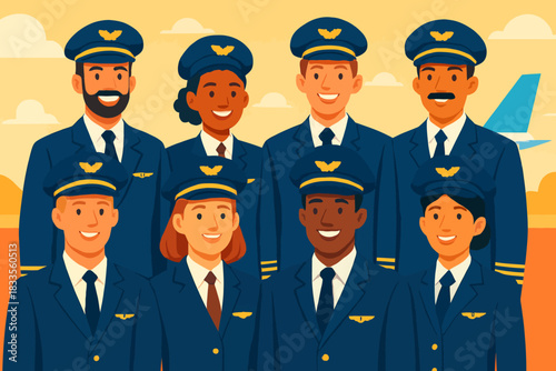 Diverse group of smiling pilots and flight attendants in uniform.
