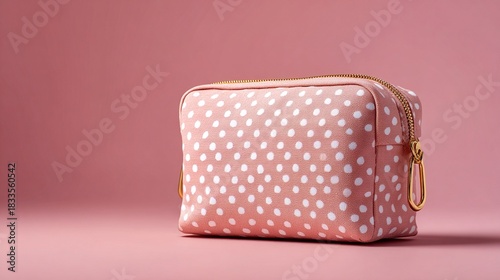 bronzer. Cosmetic bag closeup against soft pink backdrop with even illumination, lifestyle magazines, social media lookbooks, designed for influencer and brand collaborations.