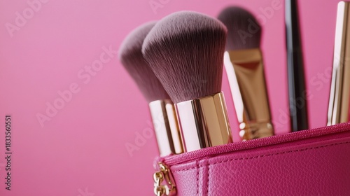 bronzer. Cosmetic bag closeup against soft pink backdrop with even illumination, lifestyle magazines, social media lookbooks, designed for influencer and brand collaborations.