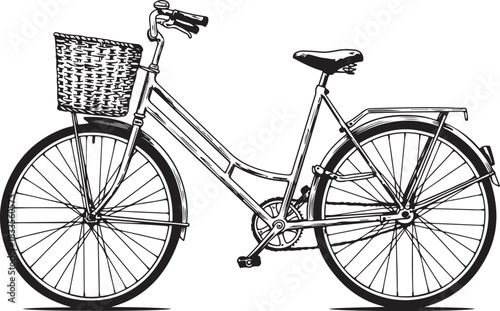 Black and white illustration of a vintage bicycle with a wicker basket bike retro