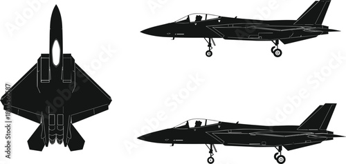 Black silhouette of a modern fighter jet viewed from top side and front airplane aircraft