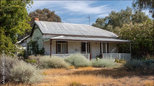veranda. Charming single-story house with a wide veranda and corrugated roof, surrounded by native shrubs. real-estate listings.