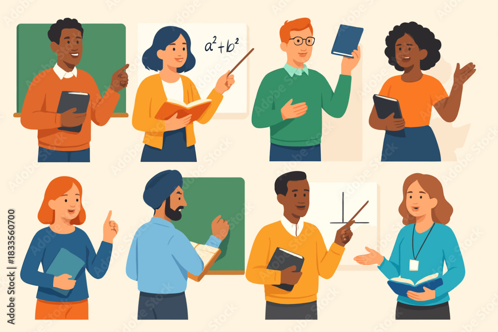 Fototapeta premium Diverse educators presenting lessons and knowledge in classroom settings.