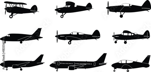 Collection of black airplane silhouettes from different eras aircraft aviation
