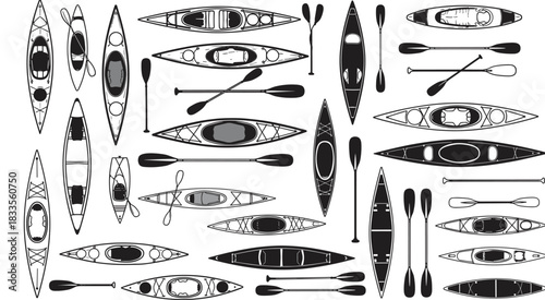 Collection of black and white kayak and paddle illustrations canoe watercraft