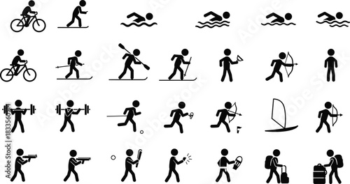 Collection of black stick figure icons depicting various sports and activities activity cycling
