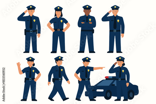 Diverse Group of Police Officers in Various Poses and Actions.