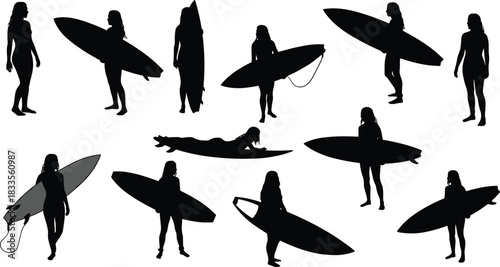 Collection of female surfer silhouettes in various poses with surfboards woman surfing