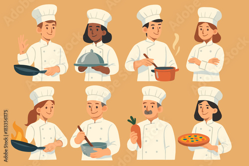 Diverse group of chefs in uniform preparing various dishes with cooking tools.