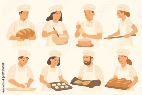 Bakers in white uniforms preparing and baking various food items.