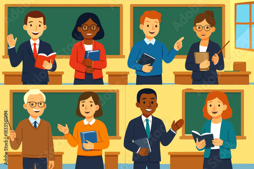 Diverse group of teachers in a classroom setting, ready to educate.