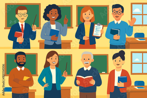 Diverse group of teachers in a classroom setting, ready to educate students.