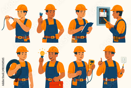 Illustrations of Electricians in Various Poses and with Different Tools.