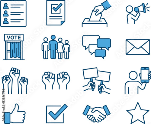 Election and democracy icon set featuring voting, protest, communication, checklist, handshake, activism, civic engagement symbols in modern blue outline style