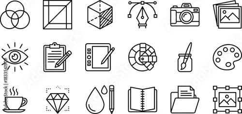 Graphic design and digital art tool icons collection with creative elements, drawing equipment, illustration symbols, photography tools, editing and artistic workflow graphics