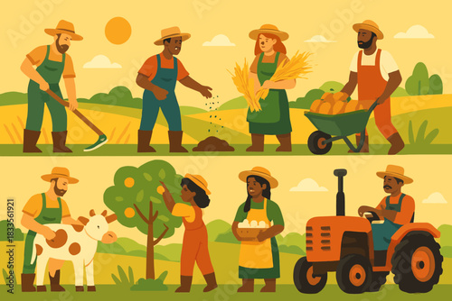 Collection of diverse farmers engaged in various agricultural activities.