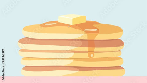 A delicious stack of golden pancakes with melting butter and dripping syrup.