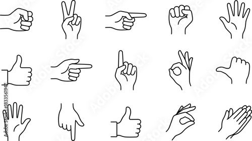 Hand gesture icon set featuring pointing signs, thumbs up symbols, victory gestures, counting fingers, OK signs, communication and expression illustrations