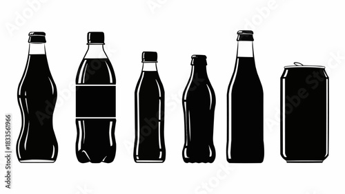 Silhouette Collection of Various Soda Bottles and a Can.