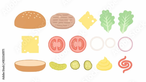 Burger Ingredients Collection Flat Design Style.
