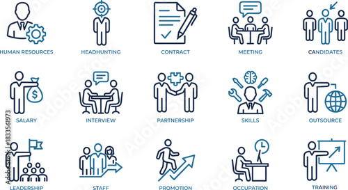 Human resources and business management icons showing recruitment, interview, skills, leadership, teamwork, outsourcing, contract, salary, staff development, corporate workflow