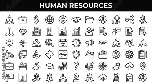 Human resources line icon collection for business management, employee development, recruitment process, corporate strategy, teamwork solutions, analytics and office workflow design