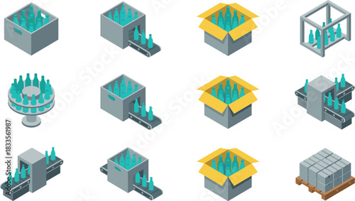 Isometric beverage bottle production line illustration showing packaging, conveyor systems, factory automation, and distribution process in modern manufacturing, logistics
