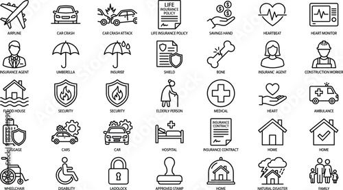 Insurance and safety line icons set featuring health, family, medical care, emergency services, home protection, disaster recovery, financial security, vector illustration