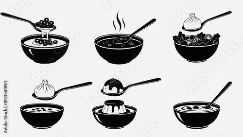 Collection of Six Black and White Illustrations of Food and Desserts in Bowls with Spoons.