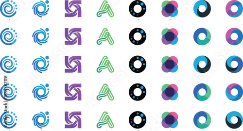 Modern abstract logo collection featuring swirl designs, geometric shapes, creative letter symbols, circular branding elements, colorful gradient icons, and corporate identity graphics