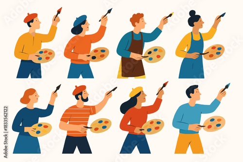 Diverse group of artists painting with palettes and brushes.